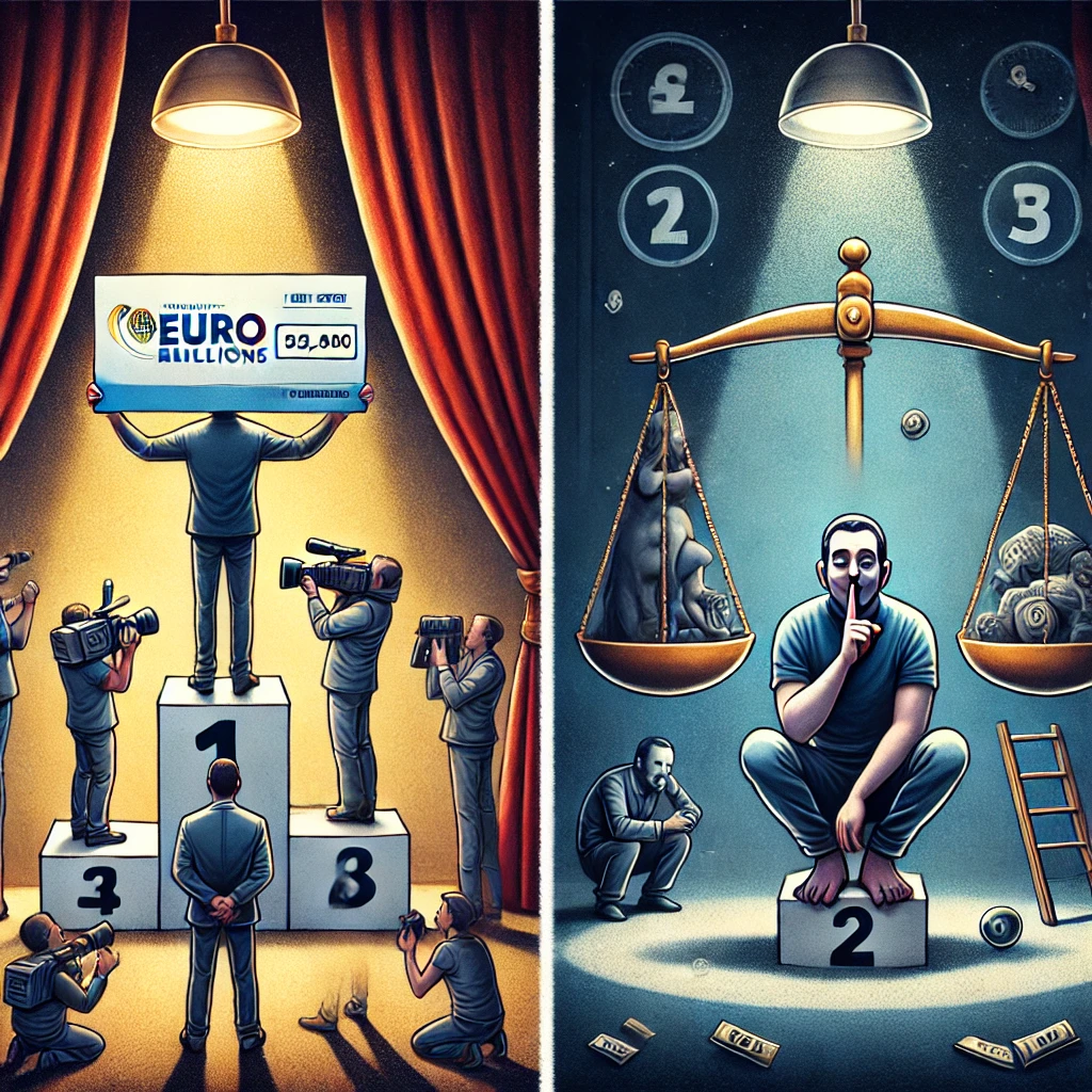 Dall·e 2024 09 13 23.59.31 A Conceptual Illustration Depicting The Dilemma Of Winning The Euromillions And Choosing Whether To Announce It To The World Or Keep It A Secret. On O